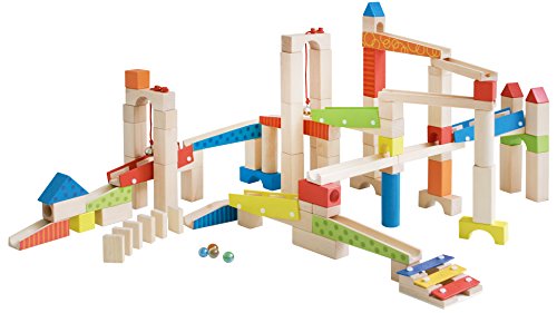 roba Pista delle Biglie Grande in Legno - 100 Pezzi - con Mattoncini da Costruzione in Legno con Effetti Sonori e Biglie in Vetro - Gioco per la motricitá con Varie Possibililtá di Composizione