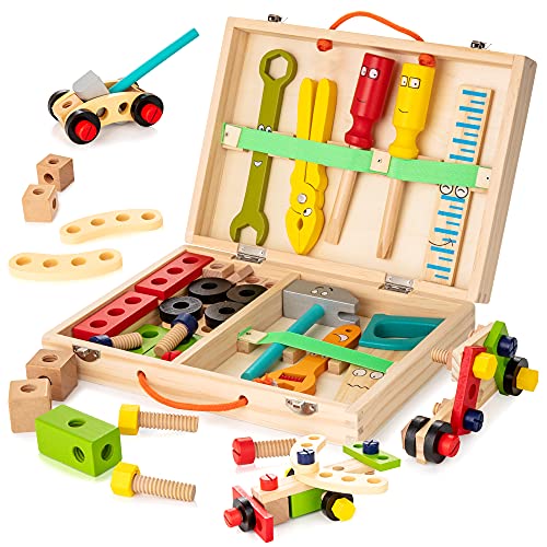 Kit di Attrezzi da Lavoro in Legno per Bambini 37 Scatola di Strumenti in Legno Cassetta degli Attrezzi in Legno Giocattoli Educativi Montessori di Costruzione per Ragazzi Ragazze di 2 3 4 5 6 Anni